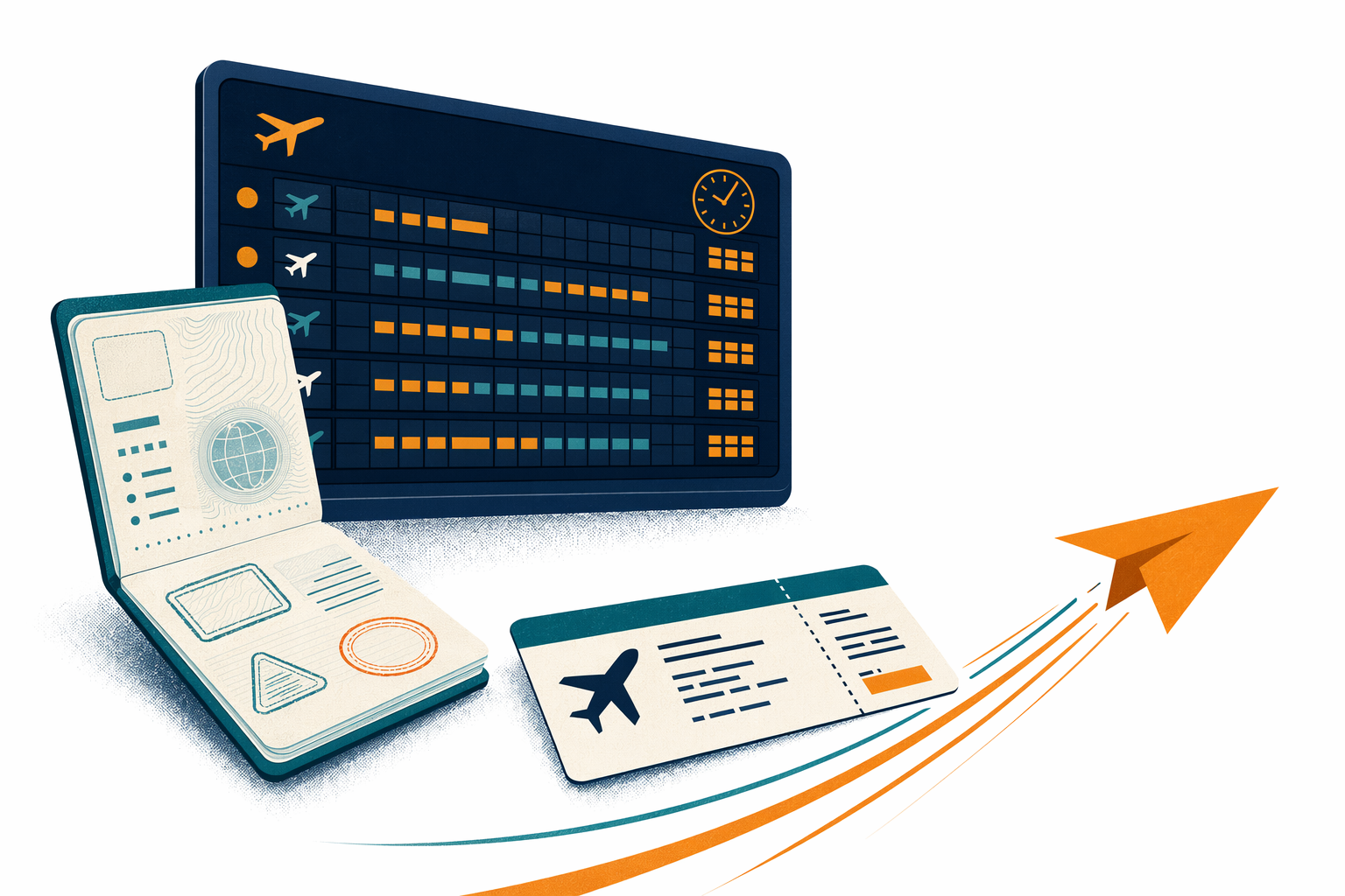 Illustration of a passport and a departure board showing passport and visa processing routes